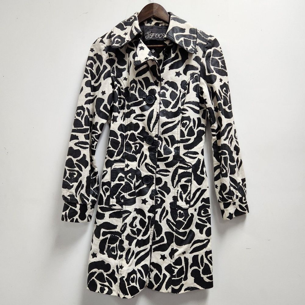 Spoom Womens Button Front Trench Coat Size S Linen Blend Black White Lined